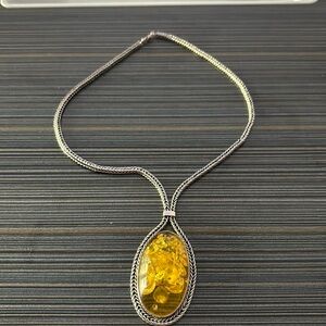 Vintage sterling silver necklace with 2.5” Amber center stone, total length 12”